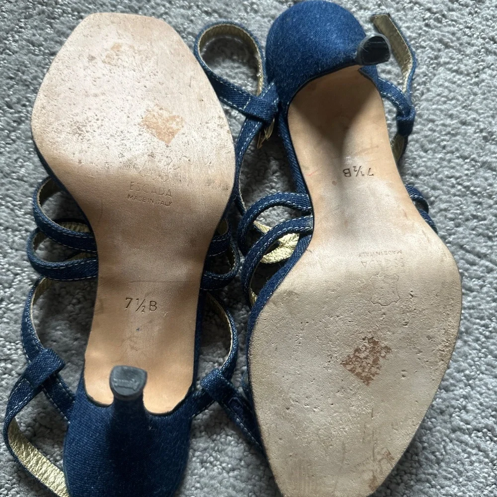 Escada Denim & Gold Whipstitch Strappy High Heel Sandals Size 7.5B - Picture 3 of 5